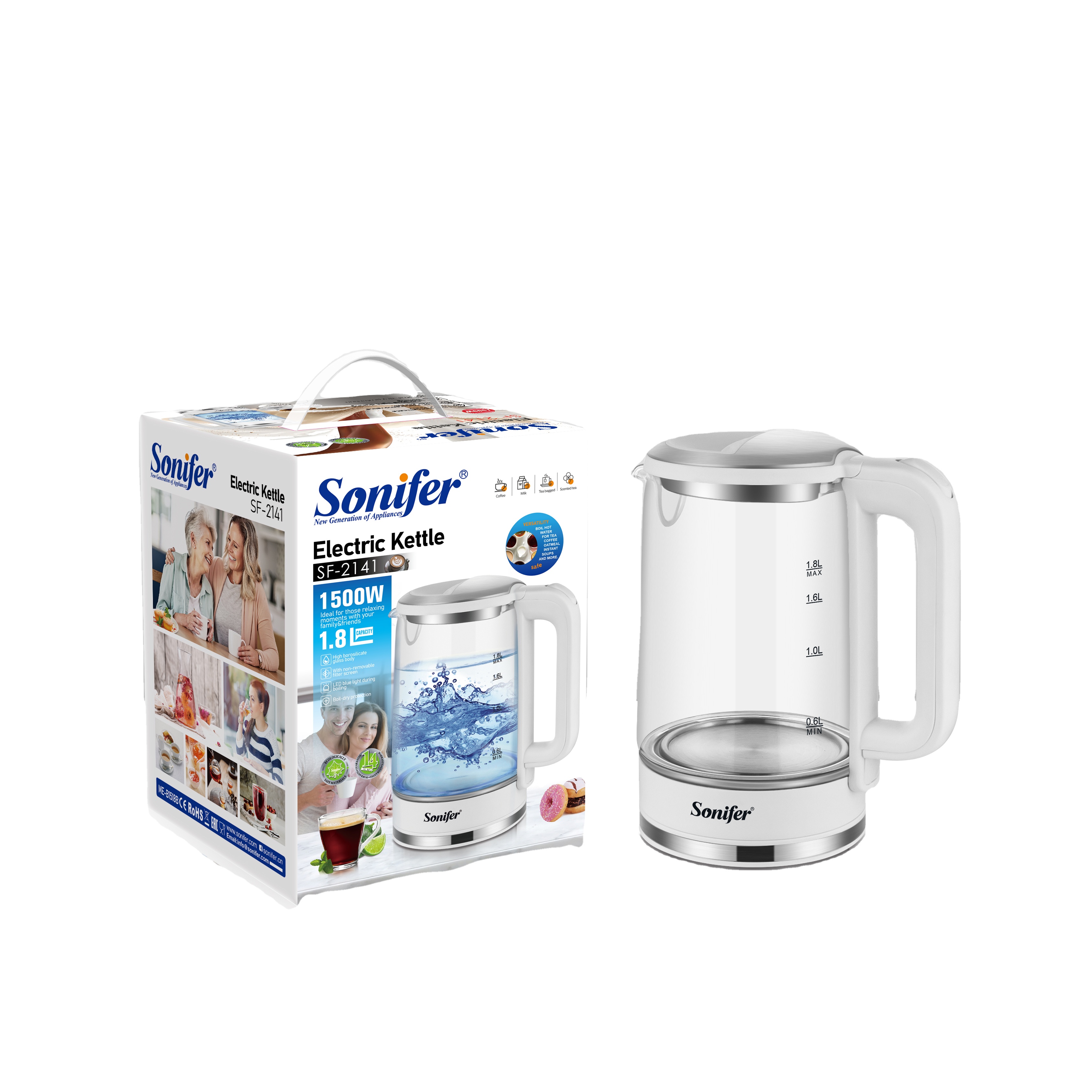 Sonifer SF-2141 Elektrikli Şüşə Çaydan – 1.8L 1500W Göy LED İşıqlı